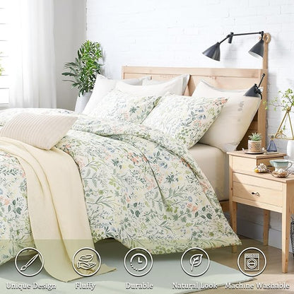 Duvet Cover King Size 100% Cotton Comforter Cover Green Floral Breathable Duvet Cover with Zipper Closure & Corner Ties 3 Pcs Green Fragrant Grass Duvet Cover Set
