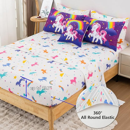 Unicorn Queen Bedding Sets for Girls Kids Teens, 8 Piece Bed in a Bag Purple Rainbow Theme Unicorn Comforter Set Bedroom Decor with Printed Sheet Set