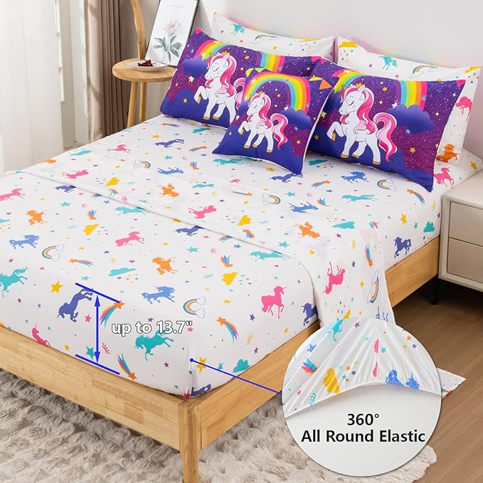 Unicorn Twin Bedding Sets for Girls Kids Teens, 6 Piece Bed in a Bag Purple Rainbow Theme Unicorn Comforter Set Bedroom Decor with Printed Sheet Set