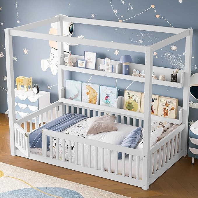 CZBZ Twin Size Canopy Floor Bed with Guardrails and Built-in Shelves, Solid Wood Montessori-Inspired Low Bed Frame, White