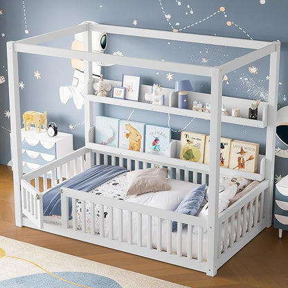 CZBZ Twin Size Canopy Floor Bed with Guardrails and Built-in Shelves, Solid Wood Montessori-Inspired Low Bed Frame, White