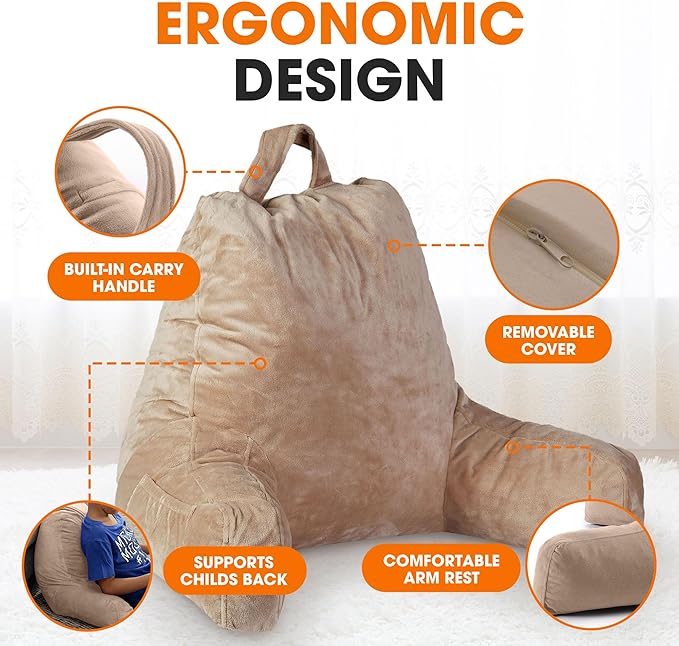 Cheer Collection Reading Pillow with Arms – Portable Bed Pillow for Sitting Up & Support, Hollow Fiber-Filled Back Rest Pillow for Sitting in Bed & Couch, Machine Washable, Taupe (Small)