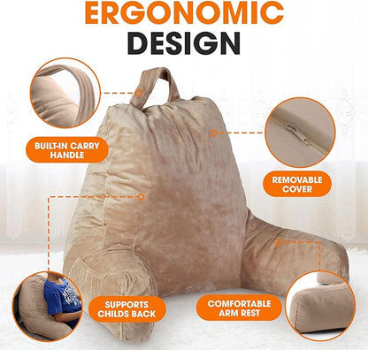 Cheer Collection Reading Pillow with Arms – Portable Bed Pillow for Sitting Up & Support, Hollow Fiber-Filled Back Rest Pillow for Sitting in Bed & Couch, Machine Washable, Taupe (Small)