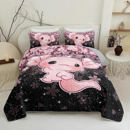 QOOMO Axolotl Quilt Set Twin Size,Sakura Salamander Bedspread Coverlet Set,Cherry Blossom 3Pcs Bedding Set Printed Quilt with 2 Pillowcases,Soft and Lightweight,for All Seasons