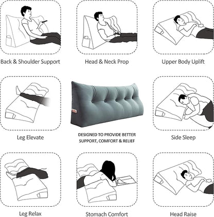 Bed Wedge Pillow for Headboard Large Bolster Pillow Reading Pillows for Sitting Up in Bed Adult, Triangular Backrest Cushion Book Pillows for Daybed Couch Support Upholstered（LightGray, Twin）