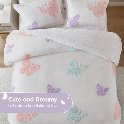 Intelligent Design Kids Rio Full/Queen Duvet Set – Girls’ Reversible Tufted Chenille Bedding with Pastel Purple Butterflies and Pink Dot, 3pcs