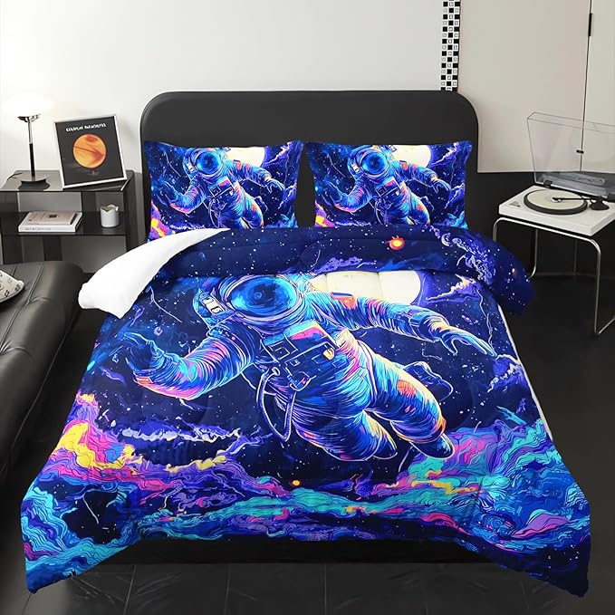 Kids Dark Blue Astronaut Comforter Set Queen Size for Boys，Outer Space Themed Queen Size Bedding Set，with 1 Comforter with 2 Pillow Case，Astronaut Themde Bedroom Decor for Boys Kids