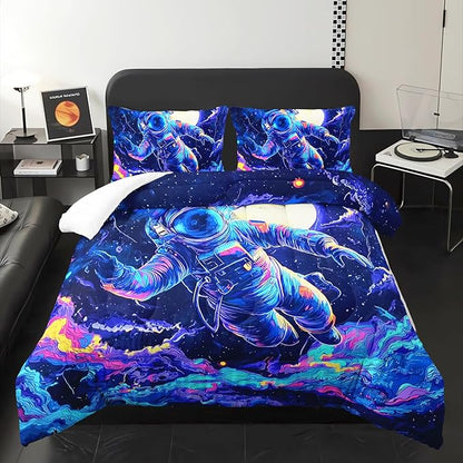Kids Dark Blue Astronaut Comforter Set Queen Size for Boys，Outer Space Themed Queen Size Bedding Set，with 1 Comforter with 2 Pillow Case，Astronaut Themde Bedroom Decor for Boys Kids