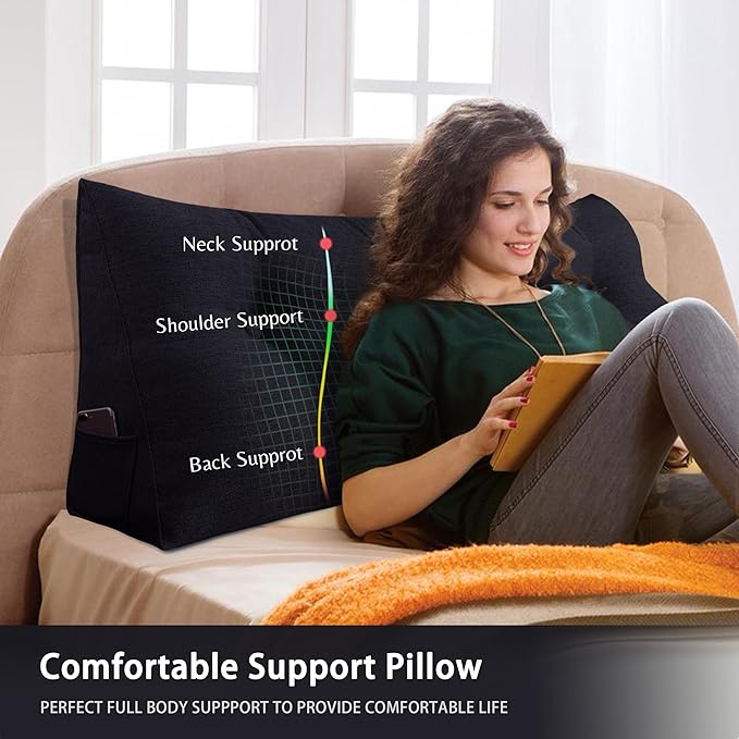 11 lbs Thickened Headboard Pillow Wedge Pillow Headboard Reading Pillow Bed for Comfortable Backrest Reading Triangular Pillow with Side Pocket Backrest Pillows for Sitting in Bed Black Queen