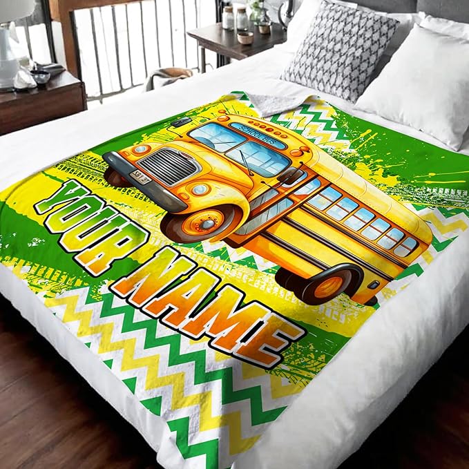 Boys Blanket Gifts Personalized School Bus Blankets for Kids Toddlers Boys - 30" x 40" Custom Name Cute Car Themed Soft Lightweight Flannel Throws for Couch, Sofa, Bed, Office, Travel