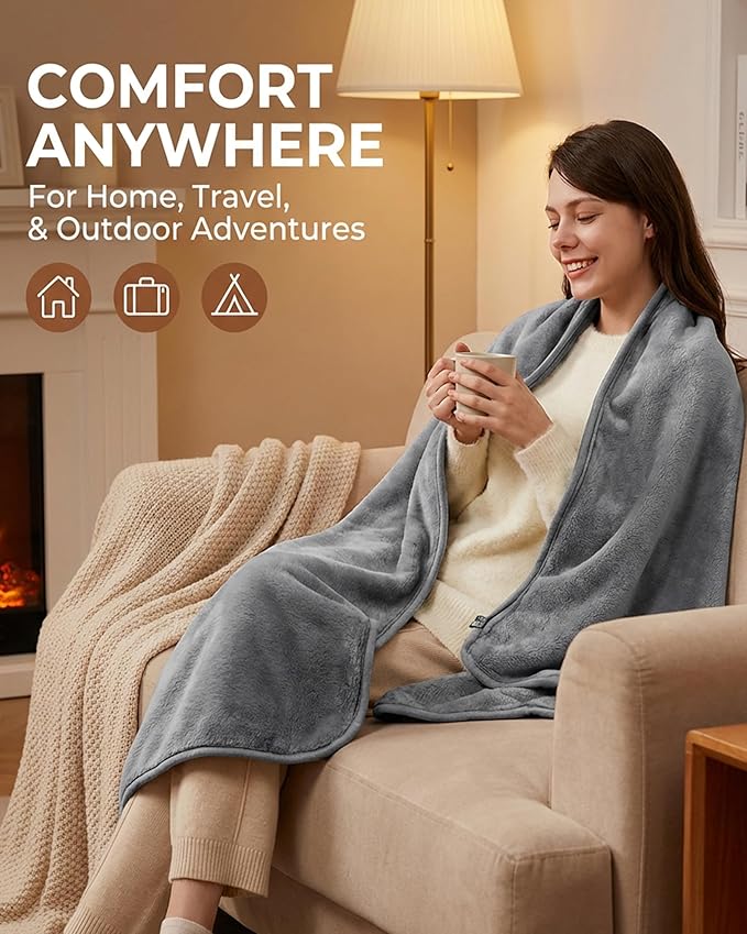 Cordless Heated Blanket, Battery Operated Portable Heated Throw with Rechargeable Battery Pack, Ultra-Soft Faux Rabbit Fur for Couch, Office, Camping & Travel