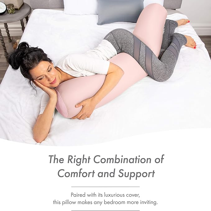 Straight Body Pillow, Full Size Premium Microbead,Side Sleeping/Maternity Pregnant Women, Supportive,Fluffy, Breathable, Cooling, 85/15 Spandex/Nylon Silky Feel Anti-Aging - 48 X 8 - Cream Peach