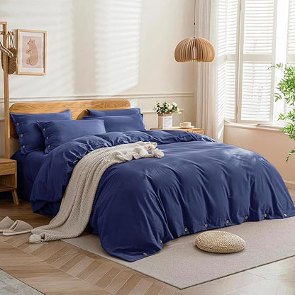 JELLYMONI Cotton Duvet Cover Full Size - Navy Blue Comforter Cover with Button 100% Washed Cotton 3PCS Breathable Soft Solid Bedding Set Duvet Cover 80×90in & 2 Pillowcases (NO Comforter)