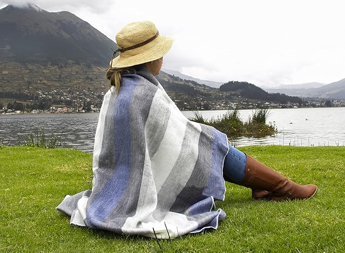 ALPAKITAS Alpaca Wool Blanket Throw | Large, Beautiful, Warm, Stripes | 64 x 45 inches | Ultra-Soft, Hypoallergenic and Breathable | Non-Itchy or Scratchy (Gray and Blue)