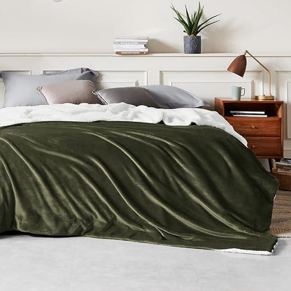 Bedsure GentleSoft Sherpa Fleece Blankets King Size for Bed - Thick and Warm Throw for Women and Men, Soft Fuzzy Plush King Blanket for Winter, Olive Green, 108x90 Inches