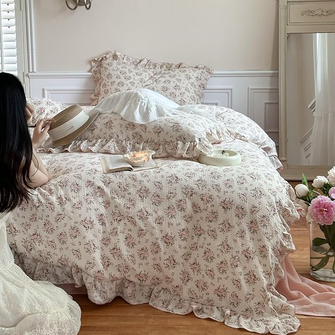 BuLuTu Gauze Cotton Floral Duvet Cover Full, Vintage Floral Pattern Comforter Cover Teens Girls Quilt Cover Full with Ruffles, Ultra Soft Breathable Bedding Set, Pink Poeny Pattern