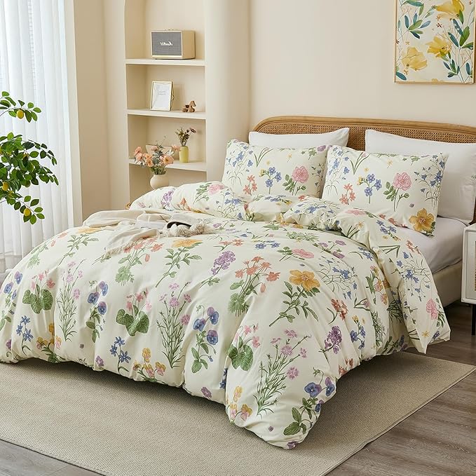 100% Cotton Duvet Cover Queen Size – Botanical Garden Print, Green Floral Duvet Cover Set with Zipper Closure, 3-Piece Soft Breathable Natural Cotton Bedding Set for All Seasons