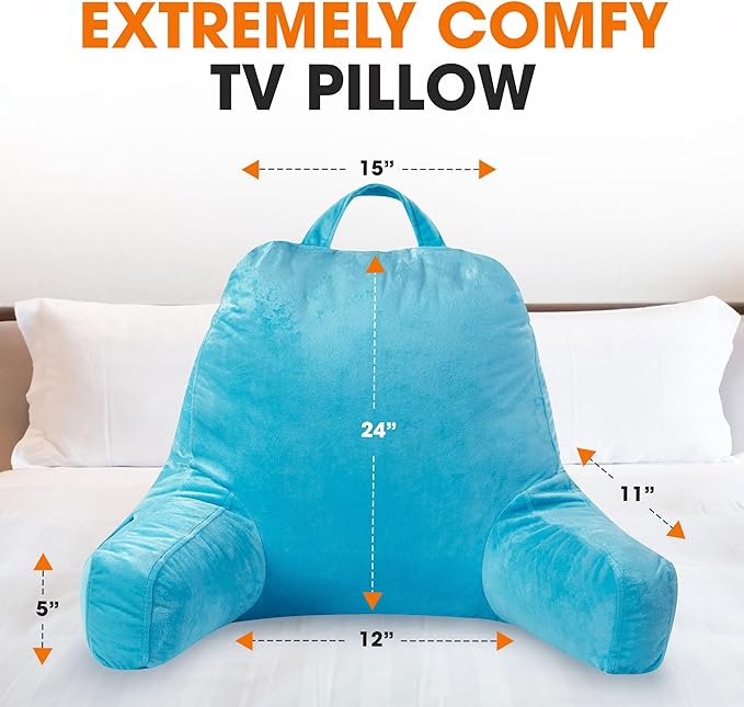 Cheer Collection Reading Pillow with Arms – Portable Bed Pillow for Sitting Up & Support, Hollow Fiber-Filled Back Rest Pillow for Sitting in Bed & Couch, Machine Washable, Sky Blue