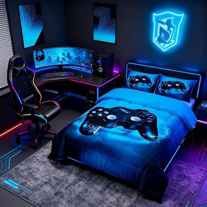 Feelyou Queen Size Gaming Comforter Set for Boys Gamer Bedding Set for Teens Kids Gamer Room Decor Blue Video Games Comforter Duvet Set Gamepad Quilted All Season 1 Comforter with 2 Pillow Cases