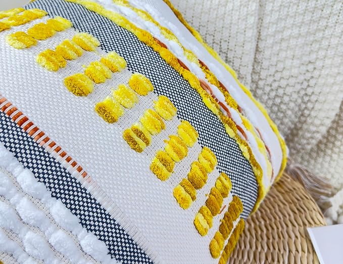 Boho Throw Pillow Covers 18x18 Aesthetic Neutral Boucle Couch Pillow Cover Rainbow Striped Decorative Accent Pillow Case for Couch Bed Sofa Farmhouse Bedroom,Modern Funky,Set of 2 Yellow