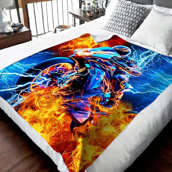 Boys Motorcycle Blanket Gift Throw Blankets for Kids Teens Motorcycle Lovers - 60x80 Inches Lightweight Soft All Season Throw for Sofa Chair Bed Office Home Decor