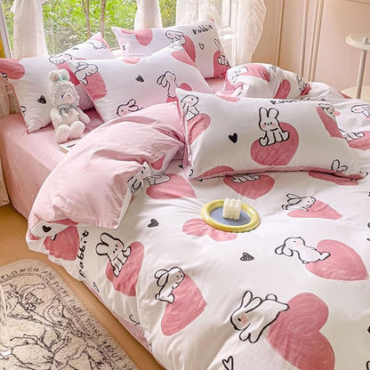 AOJIM Pink Duvet Cover Set Pure Cotton, 1 Rabbit Comforter Cover and 2 Pillowcases, Soft Lightweight Bed Set Queen Size, Quilt Cover for Room Decor (No Comforter)