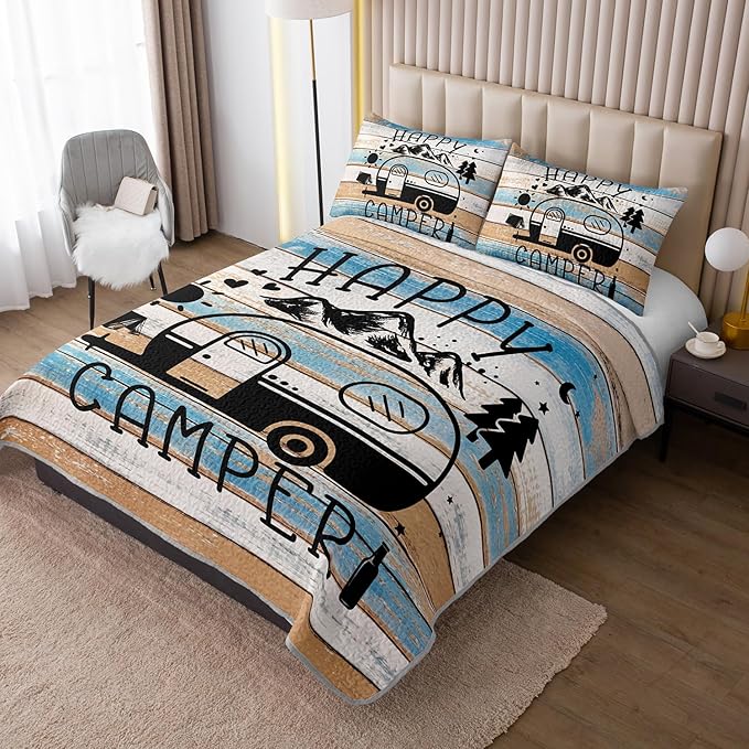 HOSIMA Vintage Camper Twin Size Quilt Set,Lightweight Bedding Set Camping Travel Trailer Printed Quilt for Camper Decor,Happy Camping Themed Bedding with 2 Pillowcases.