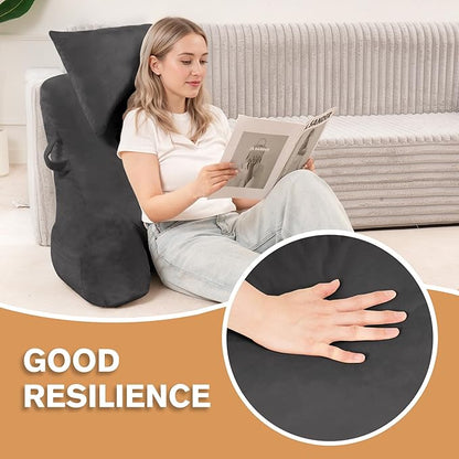 Portable Reading Pillows with Headrest for Bed Sitting Up(Light Grey Oeko-Tex), Velvet Back Pillow with Arms & Pockets for Adults, Support Memory Foam Bed Pillow for Dorm/Watching/Gaming
