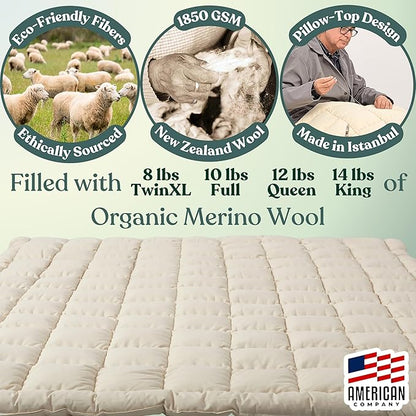 Organic Merino Wool Mattress Topper - Luxury Pillow Top Mattress Pad, Handmade, Non-Toxic, Cooling & Hypoallergenic, Natural Back Pain Relief, Sustainable Bedding (King)
