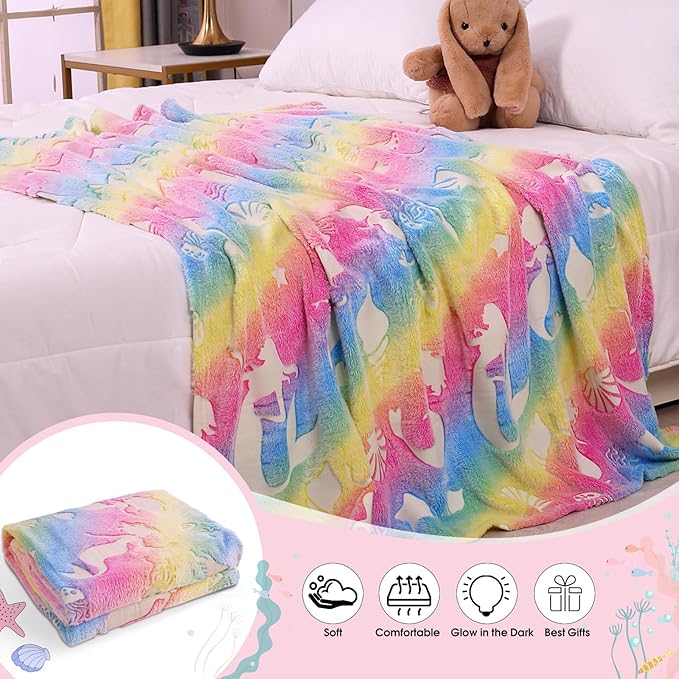 Glow in The Dark Blanket for Girls, Mermaid Blanket for 4-9 Year Olds and Mermaid Toys - Soft Warm Furry Kids Throw Blanket, for Girls Toys Age 6-8 Mermaid Birthday Gifts, 50"x60"