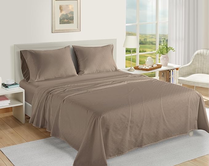 LANE LINEN 100% Egyptian Cotton Queen Sheet Set, Soft & Comfy Thick Fully Elasticized Mercerized Cotton Sheets Queen Size Set, No Pill Fade Resistant Elegant Jaquard Swiss Dot Queen Sheets- Taupe