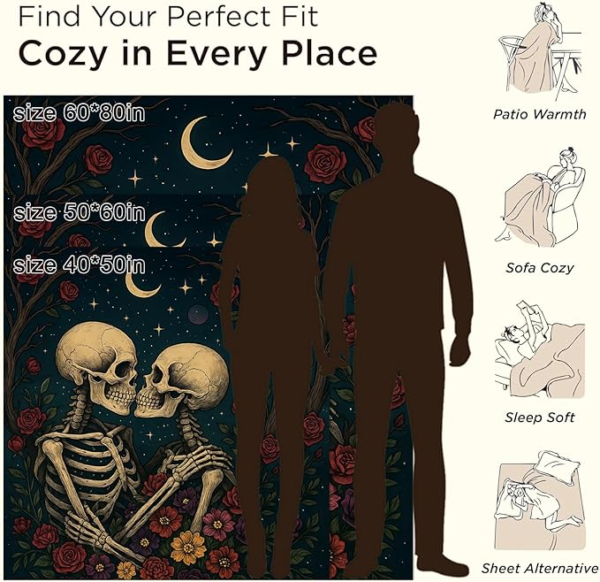 Skeleton Couple Blanket Gifts for Boys Girls Kids, Gothic Romantic Moon and Roses Warm Soft Flannel Throw Blankets for Travel, Sofa, Living Room, Bedroom Decor, 50x60 in