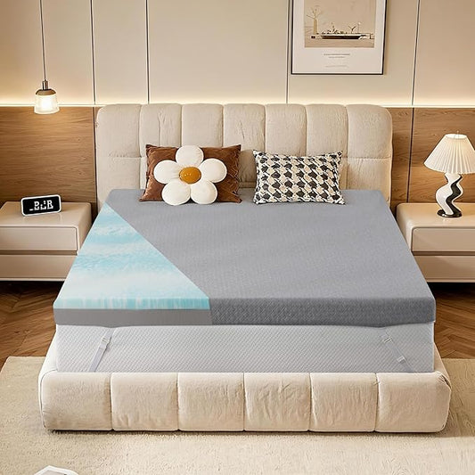 Vipbear Full Size 3 Inch Mattress Topper, Cooling Gel Memory Foam with Bamboo Fiber Cover, Medium Firm Spine Support