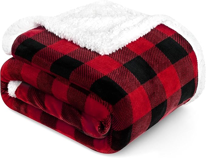 PAVILIA Buffalo Check Sherpa Blanket Throw King,Red Black Checkered Flannel Fleece Blanket,Christmas Plaid Warm Plush Microfiber Blanket for Couch Sofa,90x108 Inches
