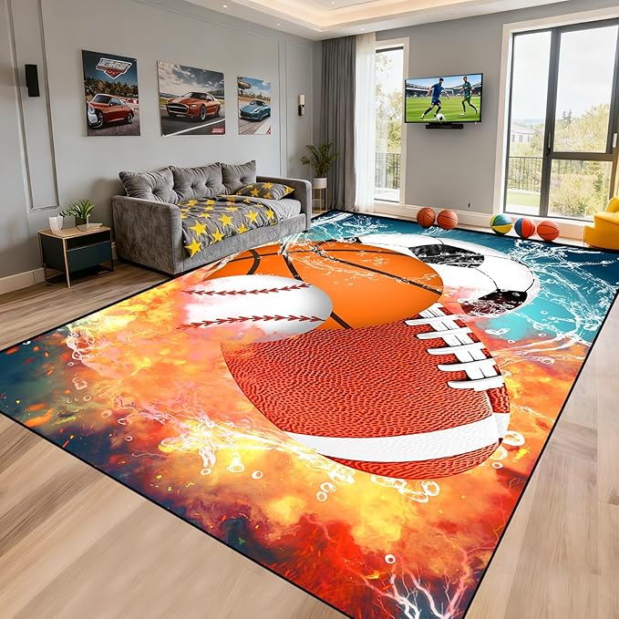 Basketball Rug 8'x10' - Basketball Rug for Boys Bedroom Kids Football Mat Water Fire Sports Rugs Boys Room Soccer Rugs Baseball Carpet for Playroom Living Room Bedroom Decor