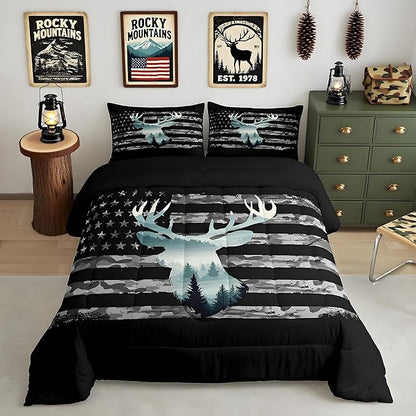 Feelyou Queen Camo Deer Hunting Bedding Set for Kids with 2 Pillow Cases, Forest Smoky American Flag Duvet