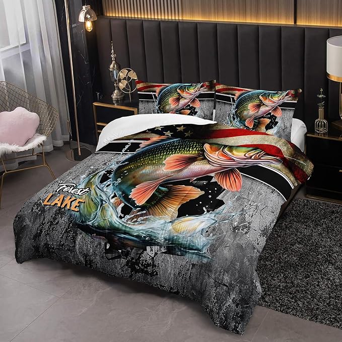 Big Pike Fishing Comforter Set for Kids Men Women, 3 Piece Striped Bass Big Fish American Flag Bedding Set Queen Size, Theme Quilt Decorative Soft Bedding Set with 2 Pillowcases