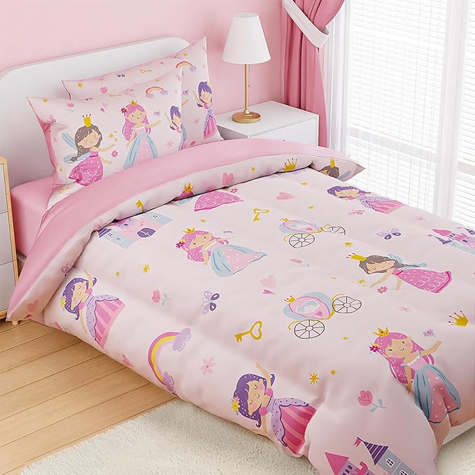 SANDJEST Princess Comforter Set Full Size 98x86in for Kids Girls, Microfiber Bedding Set 4 Pcs Includes 1 Comforter, 2 Pillowcases, 1 Fitted Sheet, Nursery Room Decor Christmas Birthday