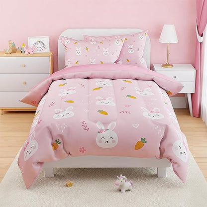 SANDJEST Rabbit Comforter Set Twin Size 68x86in for Kids Girls, Microfiber 3 Pcs Bedding Set Includes 1 Comforter, 1 Pillowcase, 1 Fitted Sheet, Nursery Room Decor