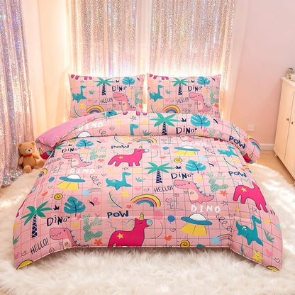 Peopleareok Cartoon Dinosaur Comforter Set Full (79x90 Inch), 3 Pieces Dinosaur Bedding Set for Girls Teens, Super Soft Lightweight for All Seasons, 1 Quilt 2 Pillow Cases
