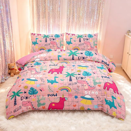 Peopleareok Cartoon Dinosaur Comforter Set Twin (68x86 Inch) for Girls, 2 Pieces Dinosaur Bedding Set for Girls Teens, Super Soft Lightweight for All Seasons, 1 Quilt 1 Pillow Cases