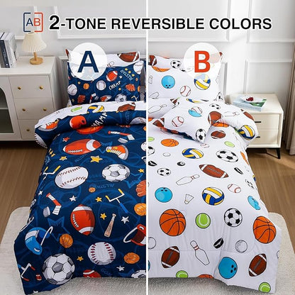 A Nice Night 6Pcs Bed in A Bag Queen Sports Microfiber Modern Comforter Set,Navy Rugby Ball Printed Bedding Collections,for Boys Kids Teen