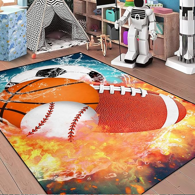Basketball Rug for Boys Bedroom 3'x5' Kids Football Carpet Water Fire Sports Rugs for Boys Bedroom Baseball, Soccer Rug for Playroom Living Room Decor Sofa Mat