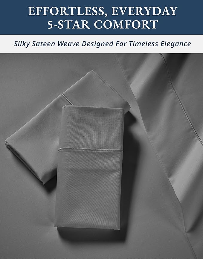 LANE LINEN 100% Egyptian Cotton Luxury Bedding Queen Sheet Set, Fade Resistant, No Pill, Naturally Cooling, Soft & Comfy Silky Smotth Sateen Weave Sheets - Charcoal Gray
