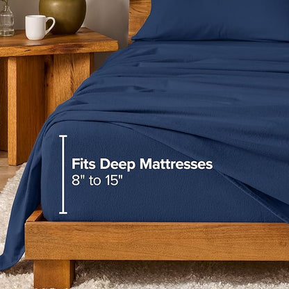 Bare Home Flannel Sheet Set 100% Cotton, Velvety Soft Heavyweight - Double Brushed Flannel - Deep Pocket (Twin, Dark Blue)