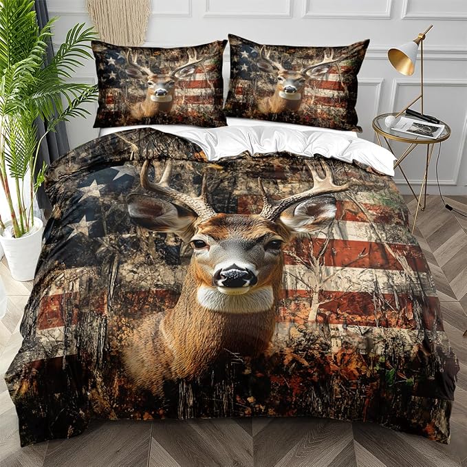 Deer Full Duvet Cover Sets,Deer and American Flag Bedding Sets for Hunter Bedroom Decor, 1 Duvet Cover 2 Pillowcases Comforter Cover for Adult Teen boy,Full