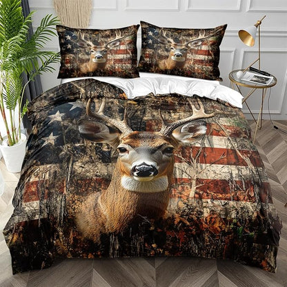 Deer Twin Duvet Cover Sets,Deer and American Flag Bedding Sets for Hunter Bedroom Decor, 1 Duvet Cover 2 Pillowcases Comforter Cover for Adult Teen boy,Twin