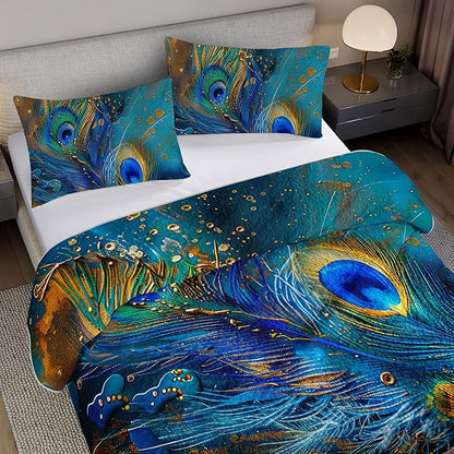 Blue Green Peacock Feathers Quilt Bedding King 3Pcs Tropical Wild Animal Bed Set Tie-Dye Luxury Pattern Lightweight Bedspread Coverlet with 2 Pillowcases for Kid Boy Girl Teen Adult Room Decor