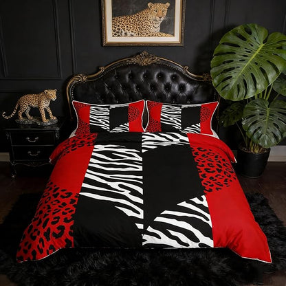 Leopard Zebra Duvet Cover Twin,Wild Animals Skin Bedding Set 2pcs for Teens Adults Room Decor,Red Black Geometric Striped Heart Comforter Cover Romantic Microfiber Quilt Cover with 1 Pillowcase