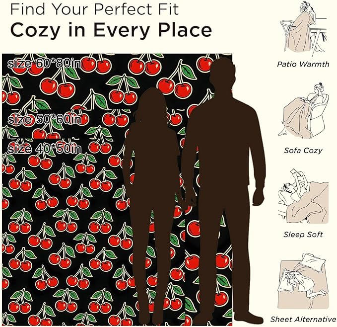 Cherry Blanket Gifts for Boys Girls Kids, Red Fruit Pattern Warm Soft Flannel Throw Blankets for Travel, Sofa, Living Room, Bedroom Decor, 40x50 in